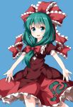  1girl :d aqua_eyes blue_background bow eyebrows_visible_through_hair frilled_ribbon frills front_ponytail green_hair hair_bow hair_ribbon highres kagiyama_hina long_hair looking_at_viewer open_mouth outstretched_arms puffy_short_sleeves puffy_sleeves red_bow ribbon ruu_(tksymkw) short_sleeves simple_background smile solo touhou 
