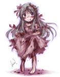  1girl aosora_(mizore) barefoot blood blood_on_face bloody_clothes bow dress green_hair original pink_bow pink_dress pink_eyes smile solo torn_clothes torn_dress 