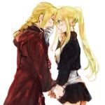  1boy 1girl black_jacket black_shirt black_skirt blonde_hair blue_eyes blush braid coat couple cowboy_shot earrings edward_elric eye_contact eyebrows_visible_through_hair fingernails flamel_symbol forehead-to-forehead fullmetal_alchemist gloves hand_holding hand_to_own_mouth hetero jacket jewelry long_hair looking_at_another nervous ponytail profile red_coat shirt skirt sweatdrop thighs tsukuda0310 upper_body white_gloves white_shirt winry_rockbell 
