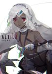  1girl absurdres altera_(fate) bangs bare_shoulders collarbone dark_skin detached_sleeves fate/extella fate/extra fate/grand_order fate_(series) full_body_tattoo headdress highres hips jewelry looking_at_viewer midriff navel parted_lips red_eyes shenq short_hair simple_background solo tagme tan tattoo thighs white_background white_hair 