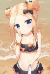  1girl abigail_williams_(fate/grand_order) bangs bare_shoulders beach bikini black_bikini black_bow blonde_hair blue_eyes blush bow closed_mouth collarbone commentary day double_bun emerald_float eyebrows_visible_through_hair fate/grand_order fate_(series) fingernails forehead hair_bow halter_top halterneck head_tilt highres index_finger_raised long_hair looking_at_viewer mapi_(mapi_9) navel orange_bow orange_scrunchie outdoors parted_bangs polka_dot polka_dot_bow sand scrunchie self_shot selfie_stick side_bun sidelocks solo starfish swimsuit wrist_scrunchie 