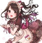  1girl :d apron badge bangs bow bowtie brown_dress brown_hair buttons center_frills checkerboard_cookie cookie curly_hair dress eyebrows_visible_through_hair food frilled_apron frilled_dress frilled_headband frilled_sleeves frills hair_bow hair_intakes hair_ribbon hands_together heart idolmaster idolmaster_cinderella_girls komoe_(hinagatu) leaning_forward long_hair looking_at_viewer one_side_up open_mouth pink_bow pink_neckwear pink_ribbon pocket puffy_short_sleeves puffy_sleeves ribbon shimamura_uzuki short_sleeves sidelocks smile solo standing striped striped_bow striped_neckwear swept_bangs tareme upper_body waist_apron waitress white_background wrist_cuffs wrist_ribbon yellow_eyes 