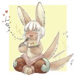  1girl animal_ears blush commentary eating fangs food full-face_blush furry happy_tears heart holding holding_plate holding_spoon horizontal_pupils kawasemi27 knees_apart_feet_together long_hair made_in_abyss multicolored multicolored_background nanachi_(made_in_abyss) open_mouth pants paws plate pudding sitting solo spoon tail tail_wagging tears whiskers white_background white_hair yellow_background yellow_eyes 