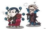  2boys annoyed armchair black_hair blue_eyes bow bowtie cape chair cravat facial_hair fate/grand_order fate_(series) glasses green_eyes grey_hair gupaon highres holding_clothes james_moriarty_(fate/grand_order) legs_crossed magnifying_glass multiple_boys mustache no_pants pipe riyo_(lyomsnpmp)_(style) sherlock_holmes_(fate/grand_order) 