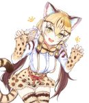  1girl :d animal_ears animal_print blonde_hair bow bowtie brown_hair cat_ears cat_tail claw_pose commentary_request dnsdltkfkd extra_ears eyebrows_visible_through_hair fang geoffroy&#039;s_cat_(kemono_friends) gradient_hair hair_between_eyes hair_ribbon kemono_friends korean_commentary leaning_forward long_hair long_sleeves looking_at_viewer low_twintails multicolored_hair open_mouth print_legwear print_neckwear print_shirt print_skirt ribbon shirt simple_background skindentation skirt sleeves_past_wrists smile solo striped_tail suspender_skirt suspenders tail thigh-highs thigh_gap twintails very_long_hair white_background white_ribbon yellow_eyes zettai_ryouiki 