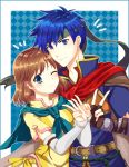  1boy 1girl belt blue_eyes blue_hair brother_and_sister brown_gloves brown_hair cape closed_mouth double_v fingerless_gloves fire_emblem fire_emblem:_souen_no_kiseki gloves green_headband headband highres ike mist_(fire_emblem) one_eye_closed short_hair short_sleeves siblings smile spiky_hair v yuuhi_(ms1110) 