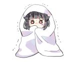  1girl bd_ayknn black_hair blanket_hug blush commentary_request copyright_request full_body looking_at_viewer pink_eyes short_hair simple_background white_background 
