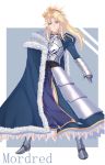  1girl 333_(pixiv8601259) absurdres aqua_eyes armor armored_boots armored_dress artoria_pendragon_(all) blonde_hair blue_cape blue_dress boots cape character_name cosplay crown dress eyebrows_visible_through_hair fang_out fate/apocrypha fate/stay_night fate_(series) floating_hair full_body fur_trim gauntlets hair_between_eyes hair_ornament hair_scrunchie head_tilt highres long_dress long_hair looking_at_viewer mordred_(fate) mordred_(fate)_(all) ponytail red_scrunchie saber saber_(cosplay) scrunchie solo standing 