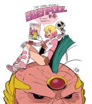  2016 artist_name belt black_sclera blonde_hair blue_eyes english gurihiru gwen_poole gwenpool legs_crossed leotard marvel mask mask_removed modok mohawk multicolored_hair open_mouth pink_hair pouch pun red_eyes shin_guards shoes signature sitting sitting_on_head sitting_on_person skull smile sneakers sweatdrop two-tone_hair 