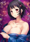  1girl artist_name bare_shoulders black_hair blue_kimono blush breasts cleavage collarbone covering covering_breasts earrings floral_print frown hair_ornament hairclip japanese_clothes jewelry kantai_collection kimono large_breasts lips looking_at_viewer nail_polish night obi open_clothes open_kimono open_mouth purple_nails red_earrings red_eyes sakiyamama sash short_hair solo takao_(kantai_collection) upper_body wide_sleeves yukata 