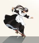  1girl bow brown_footwear brown_hair closed_eyes commentary highres long_hair maid maid_headdress original parted_lips purple_bow shoes simple_background skateboard skateboarding sneakers solo suzushiro_(suzushiro333) twintails white_background white_bow 