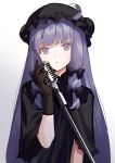  1girl alternate_costume bangs black_bow black_capelet black_gloves black_hat blunt_bangs bow capelet closed_mouth commentary_request crescent expressionless gloves gradient gradient_background hair_bow hat hat_ornament head_tilt long_hair looking_at_viewer microphone microphone_stand mob_cap patchouli_knowledge purple_hair sidelocks solo straight_hair touhou upper_body urata_asao very_long_hair violet_eyes white_background 