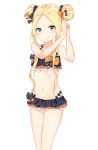  1girl abigail_williams_(fate/grand_order) absurdres arms_up bangs bare_arms bare_shoulders bikini black_bikini black_bow blue_eyes blush bow closed_mouth collarbone commentary_request double_bun emerald_float eyebrows_visible_through_hair fate/grand_order fate_(series) forehead groin hair_bow head_tilt highres long_hair looking_at_viewer navel orange_bow parted_bangs print_bow side_bun sidelocks simple_background smile solo star star_print swimsuit very_long_hair white_background yukaa 