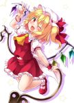  1girl ;d aka_tawashi arm_up ascot bangs blonde_hair blush bobby_socks breasts commentary_request crystal eyebrows_visible_through_hair fang flandre_scarlet full_body hair_between_eyes hat hat_ribbon highres holding jumping laevatein looking_at_viewer mary_janes medium_breasts midriff_peek miniskirt mob_cap one_eye_closed one_side_up open_mouth petticoat red_eyes red_footwear red_ribbon red_skirt red_vest ribbon shoes short_hair silhouette simple_background skirt smile socks solo star thighs touhou v vest white_background white_hat white_legwear wings wrist_cuffs yellow_neckwear 