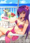  1girl beach_chair bikini blush bottle bracelet breasts cleavage collarbone crab cup drinking_glass fate/grand_order fate_(series) flower food fruit grapes hair_flower hair_ornament holding holding_drinking_glass ice_bucket jewelry kinata_1 large_breasts lemon lemon_slice long_hair looking_at_viewer navel ocean orange orange_slice purple_bikini purple_hair purple_sarong railing red_eyes sarong scathach_(fate)_(all) scathach_(fate/grand_order) scathach_(swimsuit_assassin)_(fate) sitting smile solo swimsuit table thigh_strap 