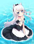  1girl :t absurdres animal_ears apron azur_lane bangs black_bow black_dress blue_eyes blush bow cat_ears closed_mouth commentary_request day detached_sleeves dress eyebrows_visible_through_hair frilled_dress frills hair_bow hair_ribbon hammann_(azur_lane) hand_up highres long_hair looking_at_viewer one_side_up outdoors pout puffy_short_sleeves puffy_sleeves red_ribbon remodel_(azur_lane) ribbon short_sleeves silver_hair sitting solo strapless strapless_dress suzu_(minagi) very_long_hair waist_apron water white_apron 
