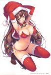  1girl absurdres armpits arms_up bangs bell bikini blue_eyes blush boots breasts brown_hair capelet cleavage elbow_gloves fur_trim gloves hair_ornament hat highres knee_boots large_breasts long_hair looking_at_viewer open_mouth original page_number pom_pom_(clothes) red_gloves red_legwear santa_bikini santa_hat scan shiny shiny_clothes shiny_hair side-tie_bikini simple_background smile solo squatting swimsuit tomose_shunsaku white_background 