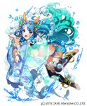  1girl :o absurdly_long_hair absurdres air_bubble akiru_(hokuouhuuhu) anklet bangle blue_eyes blue_footwear blue_hair blue_legwear bracelet bubble coral_hair_ornament gothic_wa_mahou_otome gradient_hair hand_up highres jewelry long_hair looking_at_viewer midriff multicolored_hair official_art seashell see-through shell silk solo very_long_hair watermark 