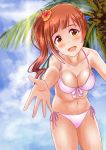 1girl :d bikini blue_sky blush breasts brown_hair cleavage clouds collarbone cowboy_shot day eyebrows_visible_through_hair flower from_below hair_flower hair_ornament head_tilt hibiscus idolmaster idolmaster_cinderella_girls igarashi_kyouko kanbee0000 leaning_forward long_hair looking_at_viewer medium_breasts navel open_mouth outdoors outstretched_arm palm_tree pink_bikini pink_ribbon ribbon shiny shiny_hair side-tie_bikini side_ponytail sideboob sky smile solo standing sunlight swimsuit tree yellow_eyes 