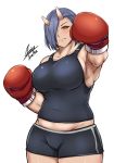  1girl airisubaka artist_name blue_hair blush boxing_gloves breasts covered_navel curvy earrings elf-san_wa_yaserarenai. hair_over_one_eye jewelry large_breasts looking_at_viewer midriff muscle muscular_female oga-san oni_horns pointy_ears short_hair signature simple_background smile solo thick_thighs thighs white_background yellow_eyes 