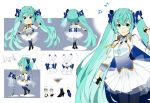  1girl :o aqua_eyes aqua_hair beamed_eighth_notes bow catgirl0926 chibi eighth_note fingerless_gloves gloves hair_bow half_gloves hatsune_miku high_heels leggings long_hair microphone musical_note open_mouth pleated_skirt rabbit skirt smile solo star_night_snow_(vocaloid) suki!_yuki!_maji_magic_(vocaloid) translated twintails very_long_hair vocaloid yuki_miku yukine_(vocaloid) 