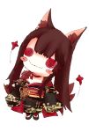  1girl akagi_(azur_lane) animal_ear_fluff animal_ears azur_lane bangs black_kimono blunt_bangs blush_stickers breasts brown_hair button_eyes character_doll closed_mouth commentary fox_ears fox_girl full_body hair_ornament head_tilt highres japanese_clothes kimono long_hair long_sleeves looking_at_viewer obi print_kimono red_eyes sash smile solo stitched_mouth stitches transparent_background wide_sleeves x_hair_ornament 