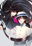  1boy 1girl :d bangs black_eyes black_hair black_shirt black_skirt brown_hair brown_scarf commentary_request eyebrows_visible_through_hair fate/grand_order fate_(series) flying gloves gradient_hair grey_background hair_between_eyes hand_up hat head_tilt jacket long_hair long_sleeves multicolored_hair neckerchief open_mouth oryou_(fate) pantyhose pink_legwear pink_neckwear pleated_skirt red_eyes redhead ryuuki_(hydrangea) sakamoto_ryouma_(fate) scarf shirt simple_background skirt smile standing torn_clothes torn_neckerchief twitter_username very_long_hair white_gloves white_hat white_jacket 