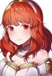  1girl bare_shoulders celica_(fire_emblem) closed_mouth cute detached_collar fire_emblem fire_emblem_echoes:_mou_hitori_no_eiyuuou fire_emblem_gaiden hair_ornament hairband highres intelligent_systems long_hair moe nintendo red_eyes redhead ringozaka_mariko simple_background smile solo white_background 