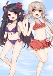  &gt;_&lt; 2girls :d absurdres ahoge bangs bare_arms bare_shoulders barefoot bikini black_hair blue_sky blush bow breasts bunny_hair_ornament character_request cleavage clouds commentary_request cross cross_earrings day double_bun earrings eyebrows_visible_through_hair fang fingernails frilled_bikini frills front-tie_bikini front-tie_top groin hair_between_eyes hair_bow hair_ornament hairclip hand_holding hand_on_own_chest hand_up hands_up hashiko_nowoto head_tilt heart highres interlocked_fingers jewelry latin_cross light_brown_hair long_hair low_twintails medium_breasts multiple_girls natori_sana navel ocean open_mouth outdoors parted_bangs purple_bikini red_bikini red_bow red_eyes red_ribbon ribbon ribbon_trim sana_channel side-tie_bikini side_bun sky smile soles standing standing_on_one_leg swimsuit twintails very_long_hair virtual_youtuber water x_hair_ornament 