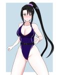  black_hair blue_background blush border breasts brown_eyes cleavage eyebrows_visible_through_hair groin hair_between_eyes highres kantai_collection large_breasts long_hair long_ponytail nachi_(kantai_collection) osage_gankyou outside_border swimsuit thighs white_border 