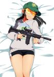  1girl absurdres assault_rifle black_hair brown_eyes commission frown gun hat highres jcm2 lying m4_carbine on_back original rifle safety_glasses short_shorts shorts solo star sweater trigger_discipline weapon 
