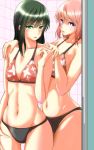  2girls ass_visible_through_thighs bikini commentary eyebrows_visible_through_hair female flat_chest floral_print fujish green_eyes green_hair groin hair_between_eyes hand_on_own_thigh hands_on_another&#039;s_shoulders harukana_receive highres long_hair looking_at_viewer multiple_girls navel swimsuit tachibana_ayasa thighs tiles tooi_narumi violet_eyes yuri 