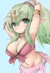  1girl bangs bare_shoulders bikini blue_background blush breasts chiki cleavage closed_mouth collarbone commentary_request eyebrows_visible_through_hair fire_emblem fire_emblem:_kakusei fire_emblem:_mystery_of_the_emblem front-tie_bikini front-tie_top green_eyes green_hair hair_between_eyes headpiece high_ponytail kourourin large_breasts long_hair looking_at_viewer pink_bikini pointy_ears ponytail simple_background smile solo swimsuit 
