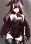  1girl animal_ears ass_visible_through_thighs bangs bare_shoulders between_breasts black_gloves black_legwear black_leotard blush braid breasts brown_background bullpup bunnysuit clenched_hand closed_mouth cowboy_shot detached_collar detached_sleeves eyebrows_visible_through_hair french_braid girls_frontline gloves gun hair_ribbon half_gloves hand_between_breasts holding holding_gun holding_weapon kb-5 large_breasts leotard long_hair looking_at_viewer nose_blush one_side_up purple_hair rabbit_ears red_eyes red_ribbon ribbon rifle sidelocks signature simple_background sniper_rifle solo thigh-highs very_long_hair wa2000_(girls_frontline) walther walther_wa_2000 weapon wrist_cuffs 