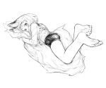  1girl animal_ears barefoot bike_shorts blush bra commentary_request fox_ears fox_girl_(jaco) fox_tail greyscale jaco large_tail long_hair looking_at_viewer monochrome off_shoulder original shirt short_hair simple_background sketch solo tail tail_hug underwear white_background 