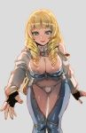  black_gloves blonde_hair blue_eyes blue_pants blush bow_(bhp) breasts charlotte_(fire_emblem_if) cleavage eyebrows_visible_through_hair fingerless_gloves fire_emblem fire_emblem_if gem gloves grey_background large_breasts leaning_forward long_sleeves looking_at_viewer open_pants original panties pants parted_lips simple_background smile underwear white_panties 