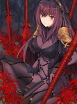  1girl bodysuit breasts covered_navel fate/grand_order fate_(series) flower gae_bolg large_breasts light_smile long_hair looking_at_viewer mysterymiharu pauldrons polearm purple_bodysuit purple_hair red_eyes scathach_(fate)_(all) scathach_(fate/grand_order) shoulder_armor spear spider_lily tree veil weapon 