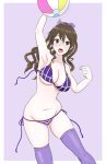  1girl armpits ashigara_(kantai_collection) ball bare_shoulders beachball bikini blush border breasts brown_eyes brown_hair cleavage fang groin hair_between_eyes highres kantai_collection large_breasts long_hair navel osage_gankyou outside_border purple_background side-tie_bikini skindentation sweatdrop swimsuit thigh-highs thighs wardrobe_malfunction white_border 