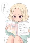  1girl bangs blonde_hair blue_sweater blush braid commentary_request facial_mark forehead_mark highres holding long_sleeves looking_down magazine original parted_bangs reading rucchiifu sitting solo sweater thought_bubble translated violet_eyes 