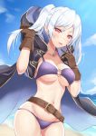  1girl :p absurdres arm_up belt bikini blue_sky blush braid breasts brown_gloves cleavage cloak clouds collarbone commentary_request contrapposto cowboy_shot day eyebrows_visible_through_hair female_my_unit_(fire_emblem:_kakusei) fire_emblem fire_emblem:_kakusei fire_emblem_heroes french_braid gimurei gloves hand_in_hair highres hood hooded_cloak jewelry long_hair looking_at_viewer medium_breasts my_unit_(fire_emblem:_kakusei) navel necklace o-ring o-ring_bikini o-ring_top ocean outdoors pendant purple_bikini red_eyes shiny shiny_hair shiyo_yoyoyo sky smile sweat swimsuit thighs tongue tongue_out twintails under_boob v white_hair 