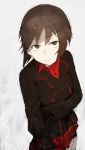 1girl black_gloves black_jacket brown_eyes brown_hair character_request closed_mouth collared_shirt girls_und_panzer gloves grey_background highres hirako jacket long_sleeves looking_at_viewer pleated_skirt red_shirt red_skirt shirt sketch skirt solo standing wing_collar 