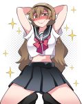  1girl armpits arms_behind_head arms_up blush bow brown_hair commentary_request crop_top grey_eyes hammer_(sunset_beach) long_hair looking_at_viewer original school_uniform serafuku skirt smile solo sparkle squatting 