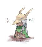  1girl bandage barefoot bowl cape chibi closed_eyes dark_skin eighth_note facing_viewer gameplay_mechanics green_cape highres long_hair musical_note pestle shuiping_anding_mian simple_background sitting skull skull_hat slay_the_spire solo the_silent very_long_hair white_background white_hair 