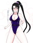 black_hair blue_background blush border breasts brown_eyes cleavage eyebrows_visible_through_hair groin hair_between_eyes highres kantai_collection large_breasts long_hair long_ponytail nachi_(kantai_collection) osage_gankyou outside_border swimsuit thighs translation_request white_border 