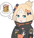  1girl abigail_williams_(fate/grand_order) atsumisu bacon bangs black_jacket blonde_hair blue_eyes bow commentary_request crossed_bandaids drooling fate/grand_order fate_(series) food hair_bow hair_bun heroic_spirit_traveling_outfit highres imagining jacket looking_at_viewer pancake parted_bangs simple_background sketch solo star star-shaped_pupils stuffed_animal stuffed_toy symbol-shaped_pupils teddy_bear upper_body white_background 