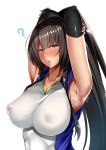  1girl :o armpits arms_behind_head arms_up asakura_kukuri bangs bare_shoulders black_hair blush breasts collarbone commentary_request covered_nipples elbow_sleeve eyebrows_visible_through_hair gym_shirt hair_between_eyes hair_pulled_back large_breasts long_hair looking_at_viewer original ponytail see-through shirt sleeveless sleeveless_shirt solo sportswear steaming_body stretch sweat sweatdrop uniform v-neck volleyball_uniform 