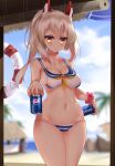  1girl absurdres ayanami_(azur_lane) azur_lane bangs bikini blue_sky blurry blurry_background blush breasts cafe_pretor can cleavage closed_mouth clouds commentary_request condensation cowboy_shot day depth_of_field eyebrows_visible_through_hair hair_between_eyes headgear highres hips holding holding_can indoors lifebuoy light_brown_hair long_hair looking_at_viewer medium_breasts navel neckerchief pepsi pink_scrunchie ponytail red_eyes scrunchie sidelocks sky solo standing striped striped_bikini_bottom swimsuit white_bikini wrist_scrunchie yellow_neckwear 