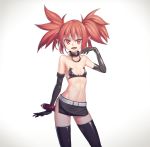  1girl bare_shoulders belt black_gloves black_legwear collar disgaea elbow_gloves etna eyebrows_visible_through_hair fang flat_chest frank_lee_(dfgh132) gloves looking_at_viewer makai_senki_disgaea miniskirt navel open_mouth pointy_ears red_eyes redhead short_hair skirt smile solo thigh-highs twintails 