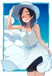  1girl arm_up bare_arms bare_shoulders bike_shorts black_hair black_shorts blue_dress blue_hair blue_hat blue_sash blue_sky blush border breasts clouds collarbone commentary_request cowboy_shot day dress flying_sweatdrops forehead gluteal_fold hair_ornament hairclip hand_on_headwear hat highres kantai_collection kuroshio_(kantai_collection) looking_at_viewer medium_breasts multicolored_hair nose_blush one_eye_closed open_mouth outdoors outside_border sash see-through_silhouette short_hair shorts skirt_hold sky sleeveless sleeveless_dress solo standing streaked_hair sun_hat taketora_suzume thighs white_border wind wind_lift yellow_eyes 