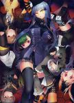  404_(girls_frontline) 6+girls armband bangs beret black_legwear blunt_bangs blush breasts brown_eyes brown_hair closed_eyes closed_mouth clothes_writing crossed_arms crossed_bangs eyebrows_visible_through_hair facial_mark finger_to_mouth fingerless_gloves g11_(girls_frontline) g28_(girls_frontline) girls_frontline gloves green_eyes green_hair grey_hair hair_between_eyes hair_ornament hairclip hat headgear hk416_(girls_frontline) holding_another jacket knee_pads large_breasts long_hair looking_at_viewer m16a1_(girls_frontline) m4_sopmod_ii_(girls_frontline) medium_breasts menpo multicolored_hair multiple_girls one_side_up open_clothes open_mouth orange_eyes pantyhose parted_lips pink_hair plaid plaid_skirt prosthesis prosthetic_arm red_eyes redhead ribbon scar scar_across_eye scarf shirt shorts sidelocks silver_hair skindentation skirt sleeping smile streaked_hair thigh-highs thighs twintails ump45_(girls_frontline) ump9_(girls_frontline) very_long_hair yellow_eyes 